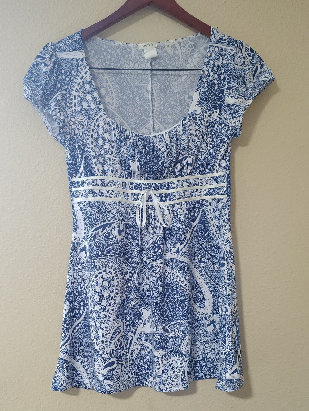 Vintage Studio Y Babydoll Square Neck Tunic Top Size S Y2K 90s Blue White Boho - Picture 8 of 15